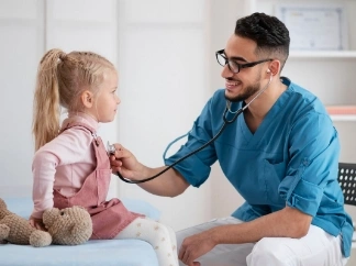 Doctor examining young child with stethoscope during medical checkup