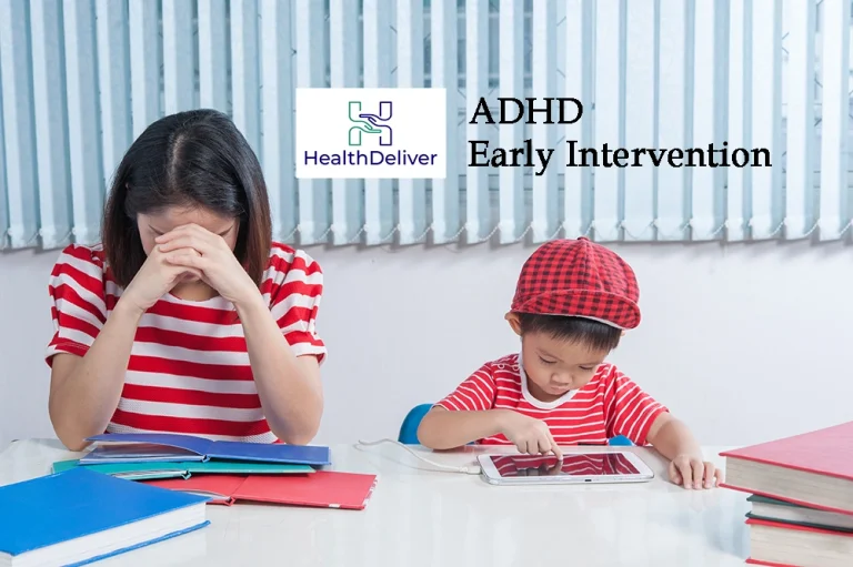 Girl studying with frustrated expression while boy uses tablet for ADHD early intervention