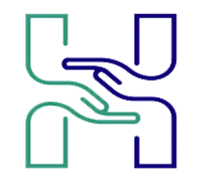 Two hands passing object between green and blue figures symbolizing cooperation