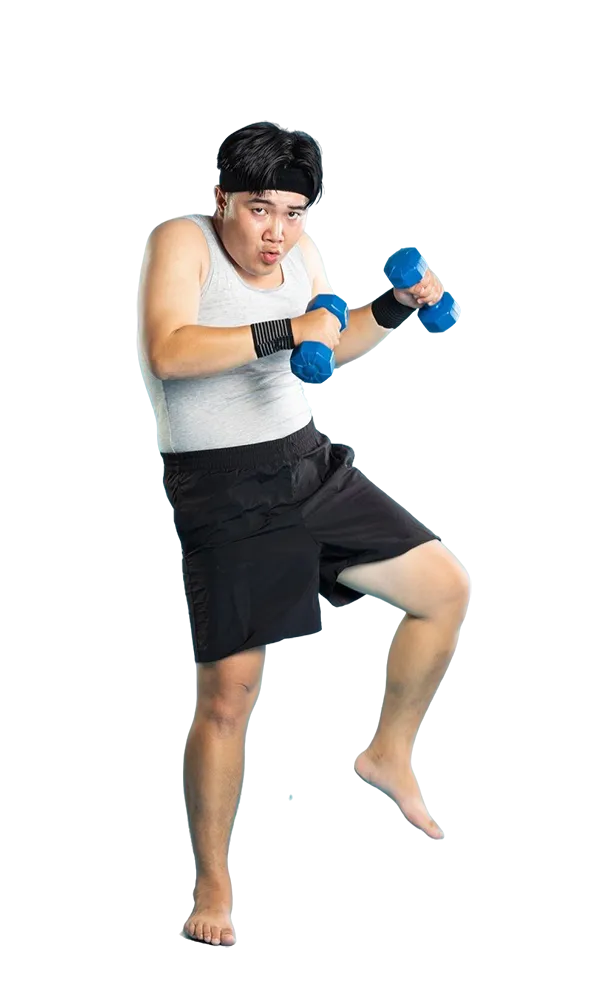 Asian man exercising with blue dumbbells jumping pose