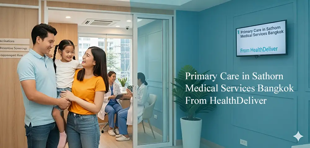 Family at primary care medical clinic reception area in Bangkok
