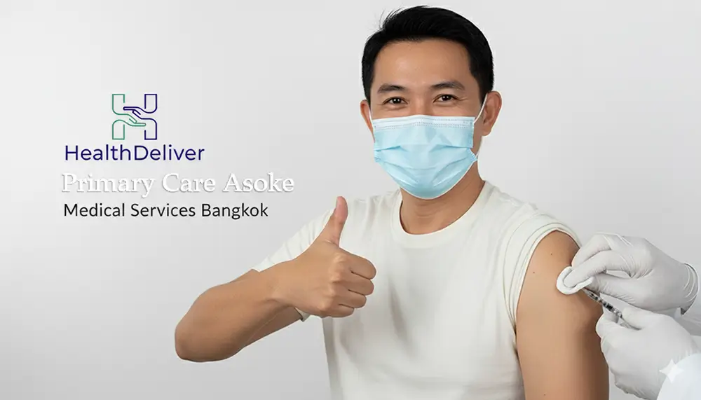 Healthcare professional administering vaccine injection with thumbs up gesture