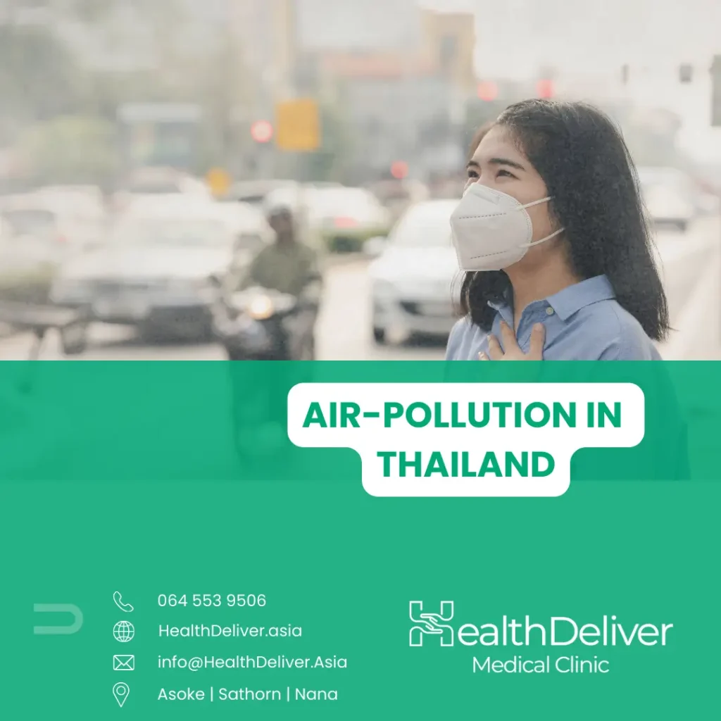 Woman wearing protective mask in polluted city air environment Thailand