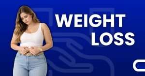 Woman measuring belly fat with text weight loss on blue background