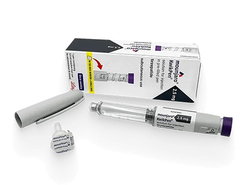 Mounjaro injection pen with medication cartridge and packaging box