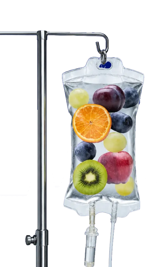 IV drip bag filled with fresh fruits and water for infusion therapy